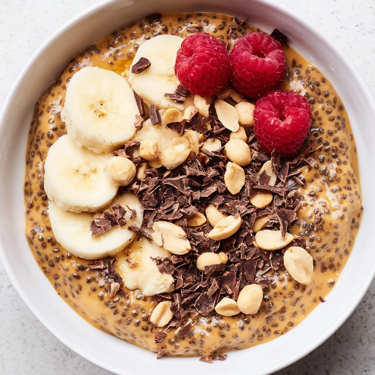 Creamy peanut butter chia pudding topped with banana slices and chopped peanuts