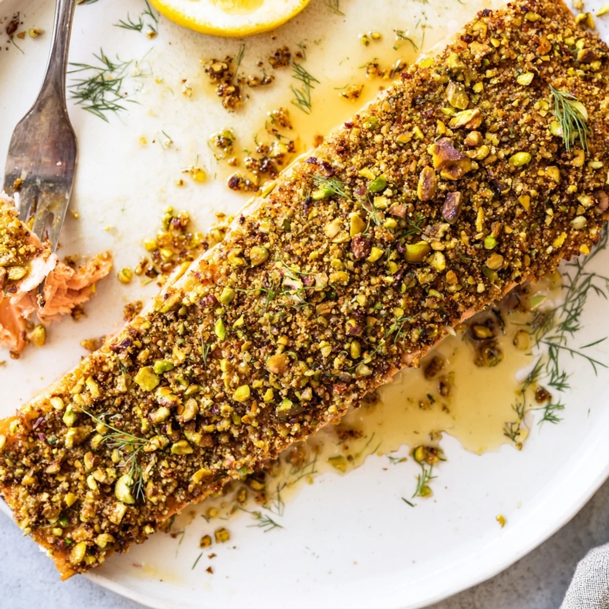 Oven-baked maple pistachio salmon brushed with sweet glaze and garnished with fresh herbs