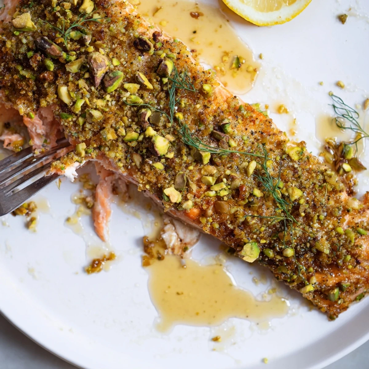 Golden maple pistachio salmon fillet with a crunchy nut crust on parchment paper