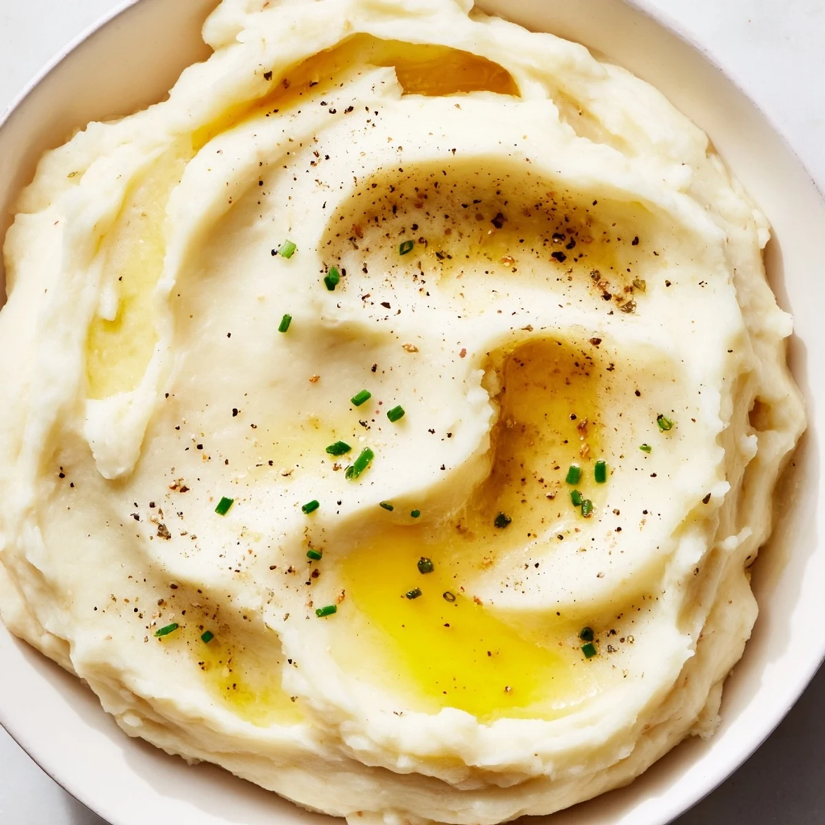 Creamy velvety mashed potatoes piled high on a plate beside roasted meat