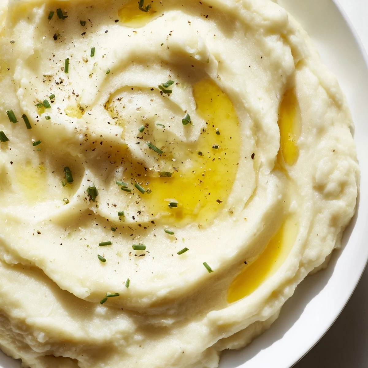 A bowl of velvety mashed potatoes swirled with melted butter and fresh chives