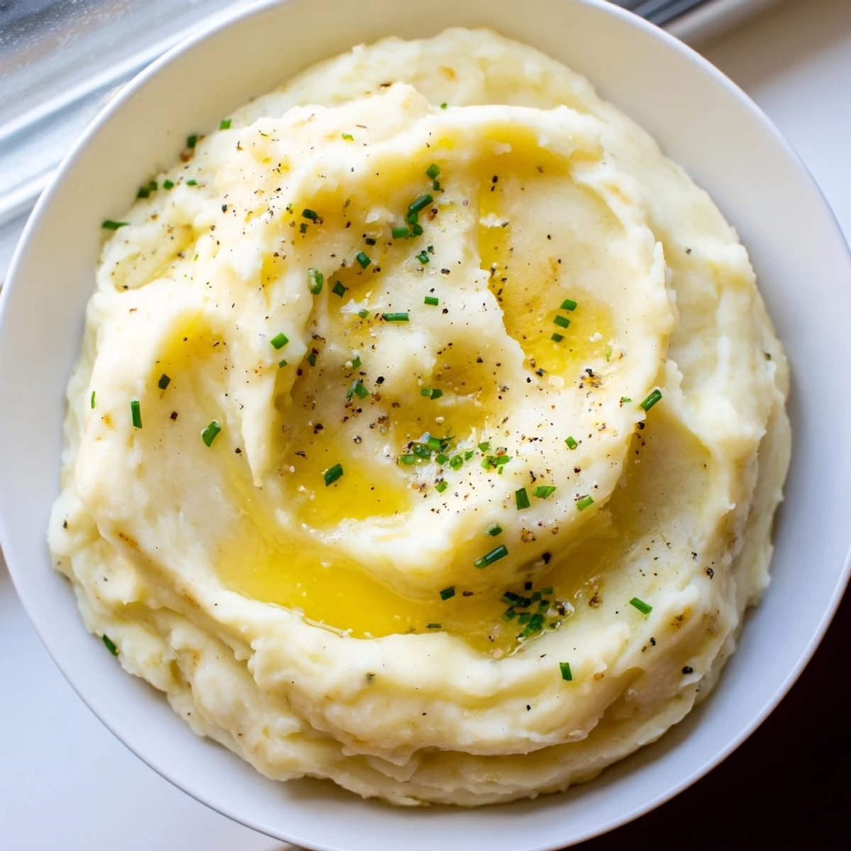 A close-up of velvety mashed potatoes with a golden butter pool on top