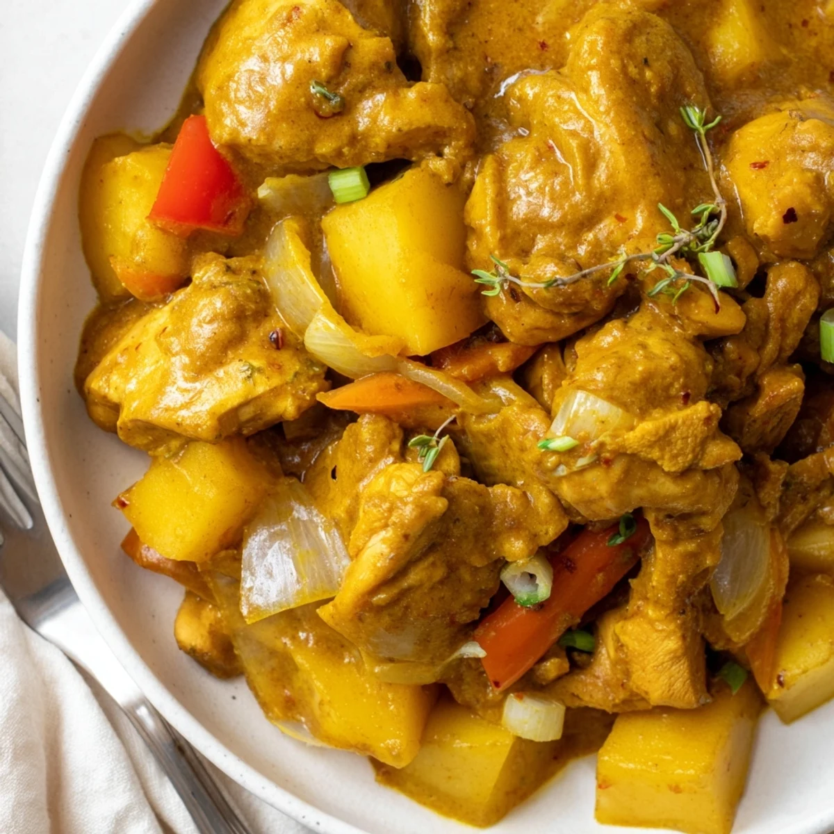 Authentic Jamaican Curry Chicken simmering in a rich golden sauce with tender potatoes