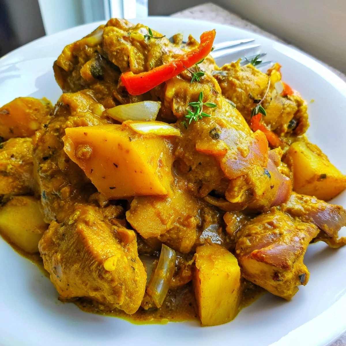 A steaming plate of Authentic Jamaican Curry Chicken served over fluffy white rice