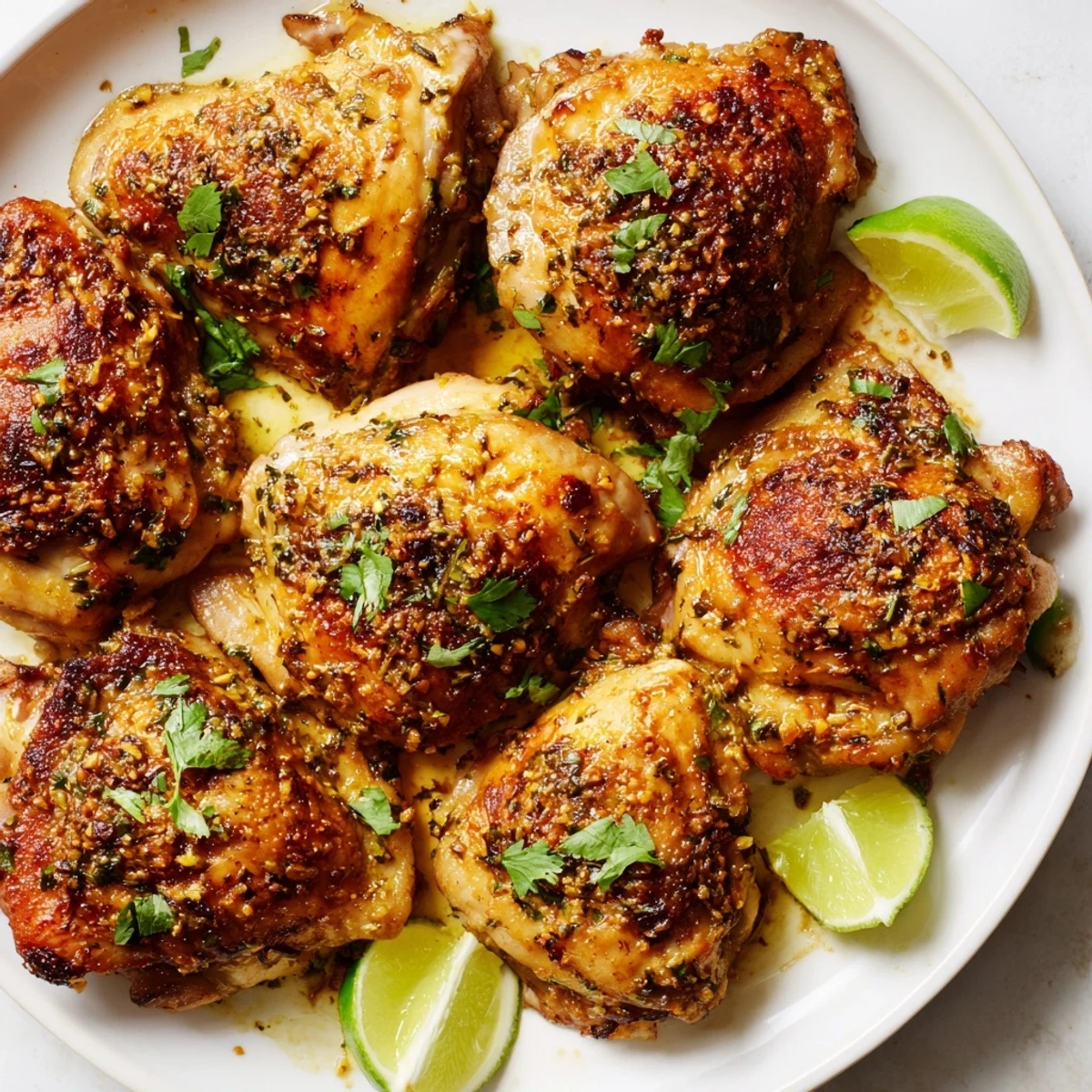Juicy Cuban Mojo Chicken Thighs garnished with fresh cilantro and lime wedges