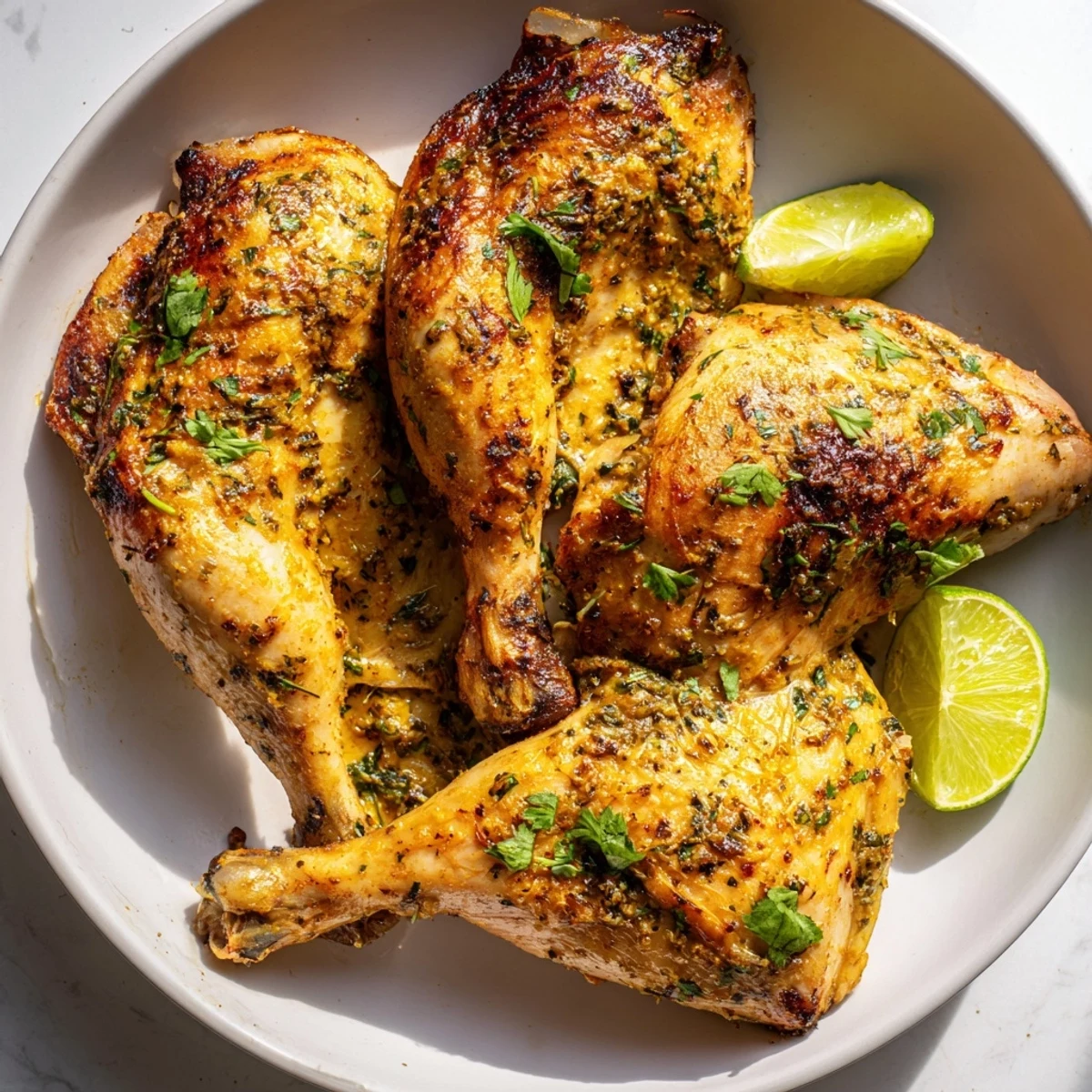 Tender Cuban Mojo Chicken Thighs with caramelized skin served over fluffy white rice