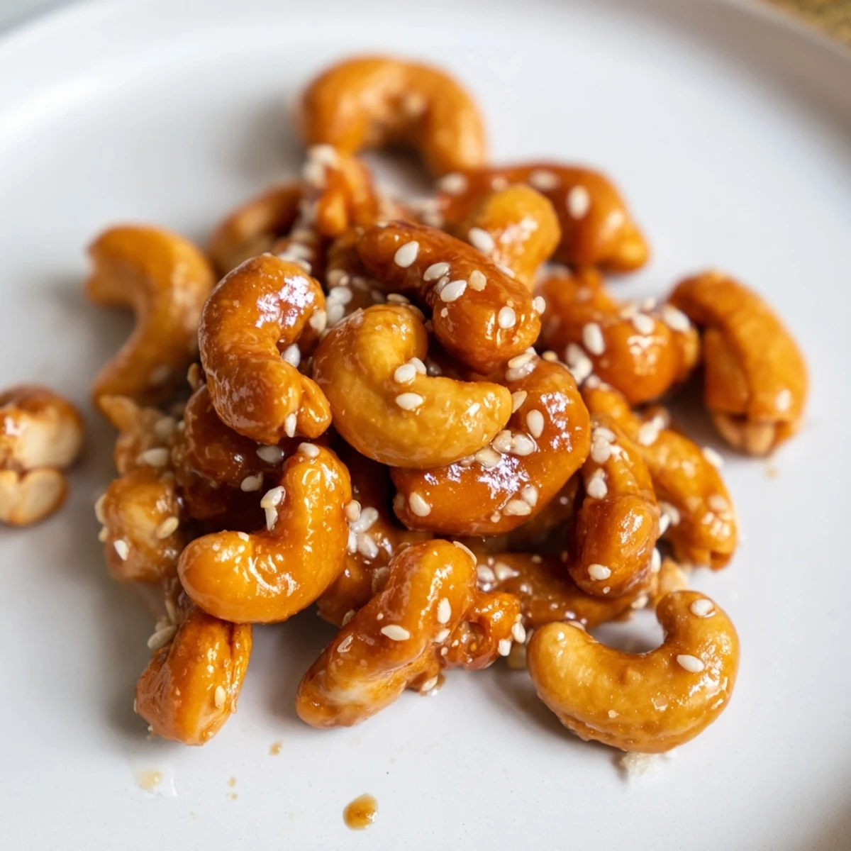 Golden honey sesame cashews glistening with a sticky sweet glaze on parchment paper