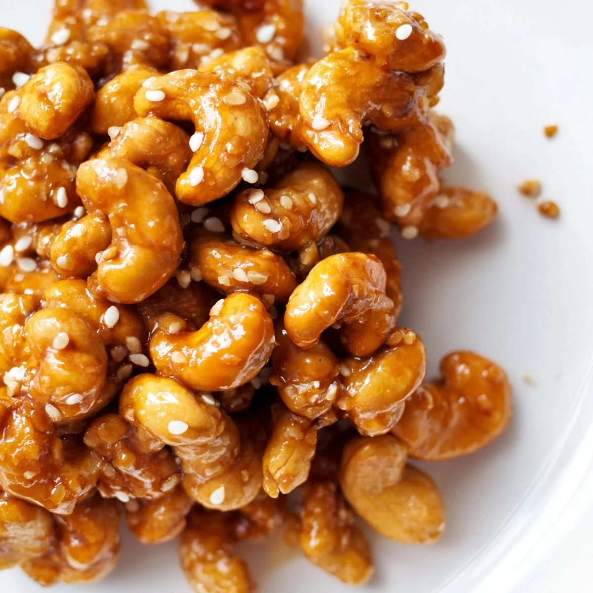 Crunchy honey sesame cashews scattered with toasted seeds in a rustic bowl