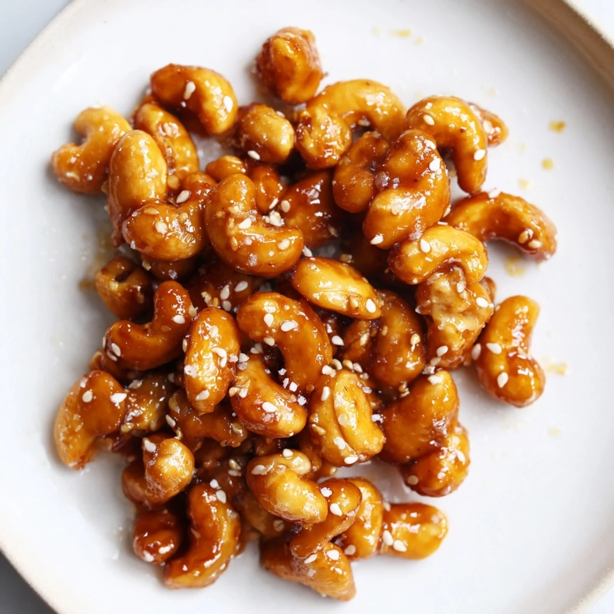 Warm honey sesame cashews fresh from the oven coated in golden caramelized glaze