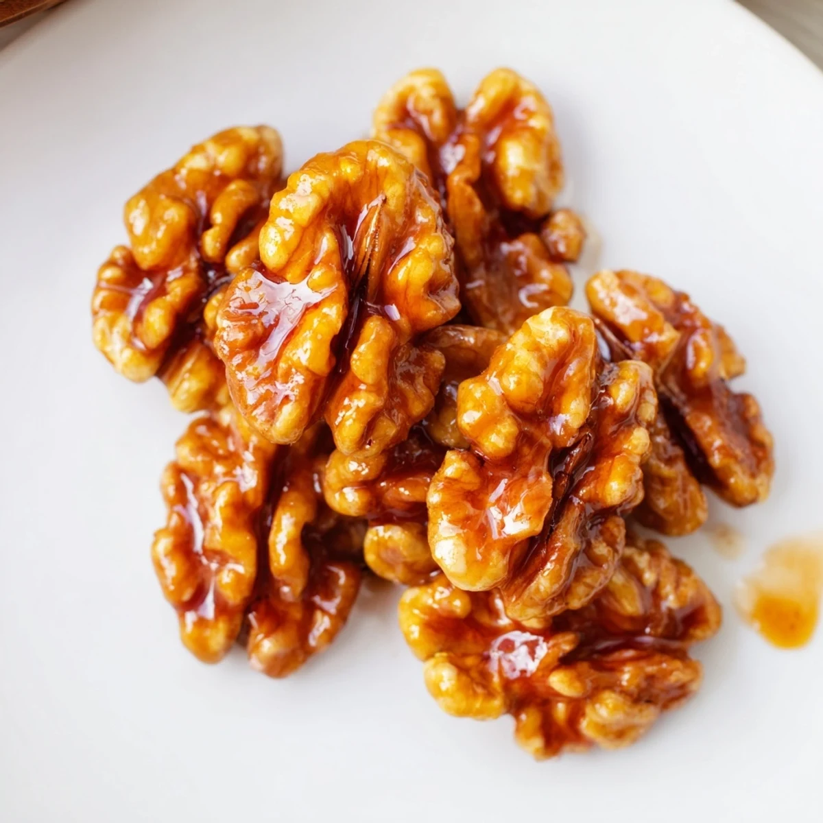 Glossy maple cinnamon walnuts cooling on a parchment-lined baking sheet after roasting