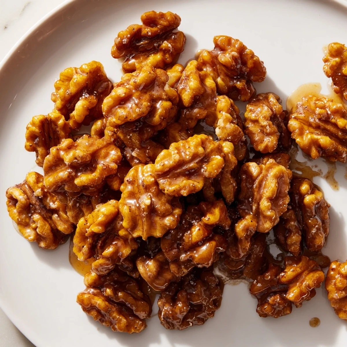 Crunchy maple cinnamon walnuts clustered together with a golden spiced caramelized coating