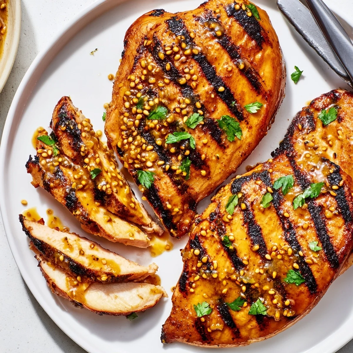 Grilled Honey Mustard Chicken with golden char marks on a summer plate