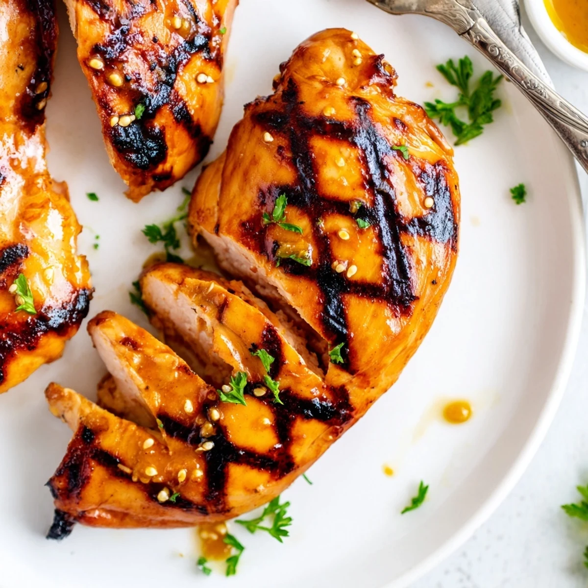 Juicy Grilled Honey Mustard Chicken resting on a platter with fresh parsley
