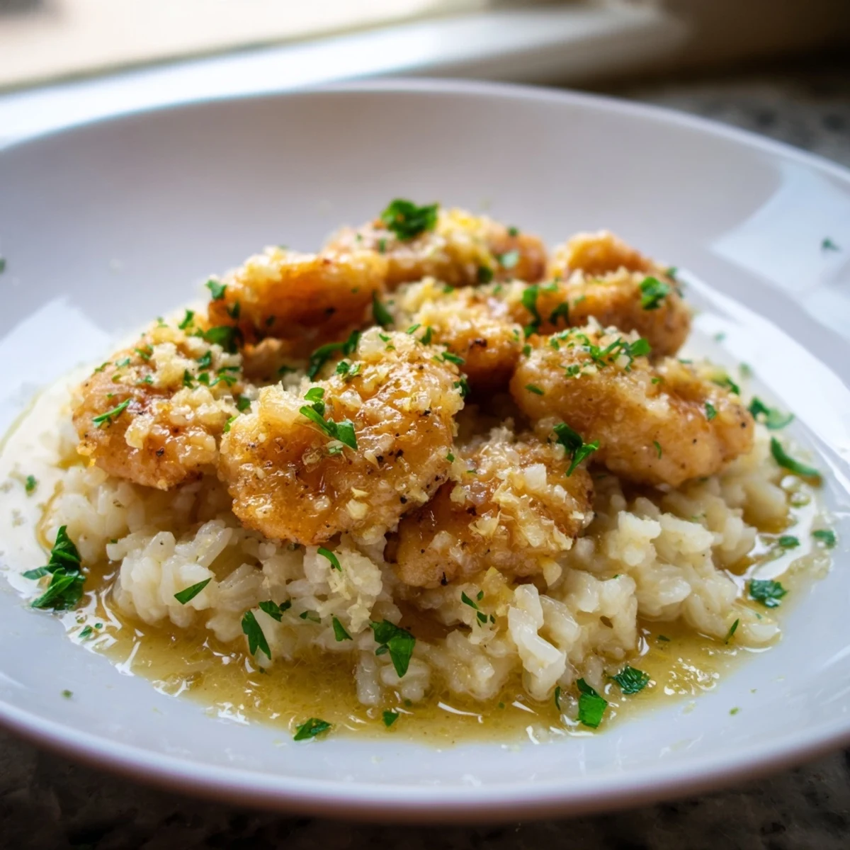 Tender seared chicken scampi served over creamy garlic parmesan rice with parsley garnish