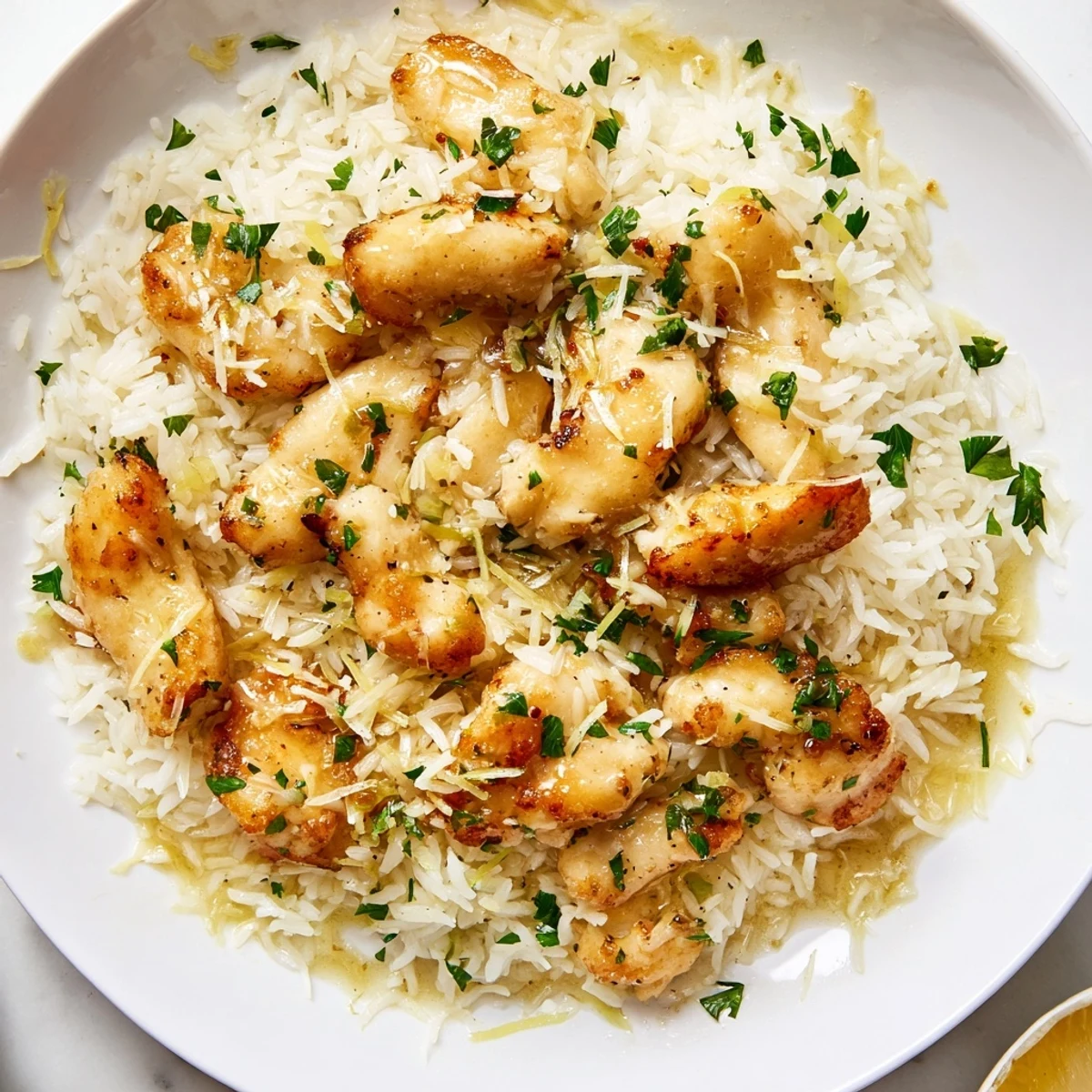 Golden chicken scampi with garlic parmesan rice drizzled in zesty lemon butter sauce