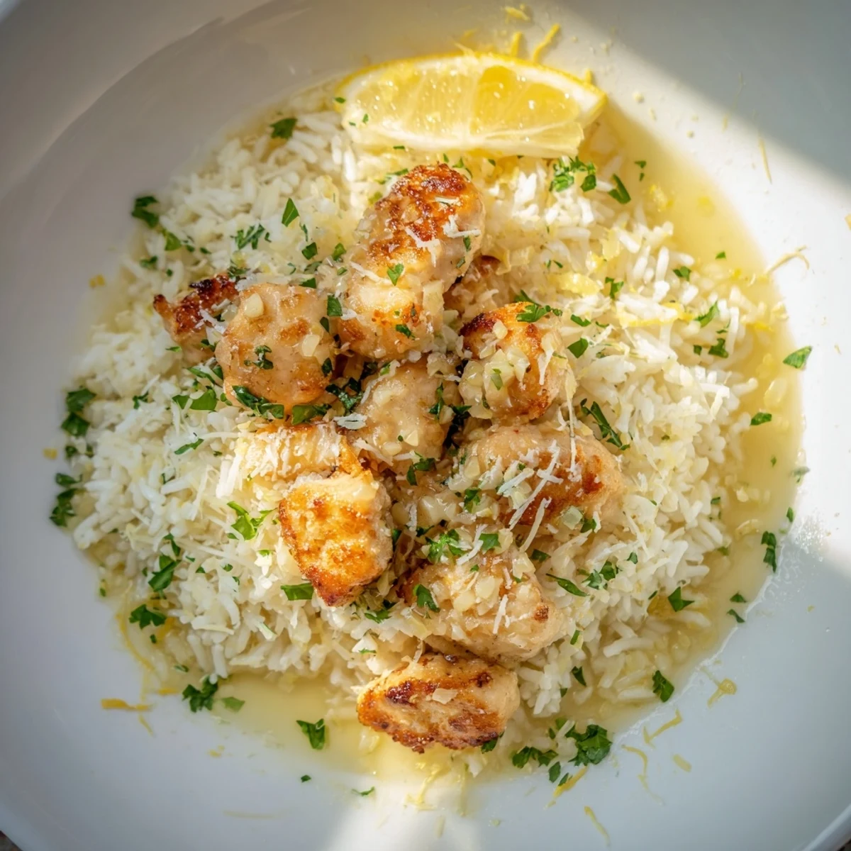 Juicy chicken scampi alongside buttery garlic parmesan rice finished with fresh lemon wedges