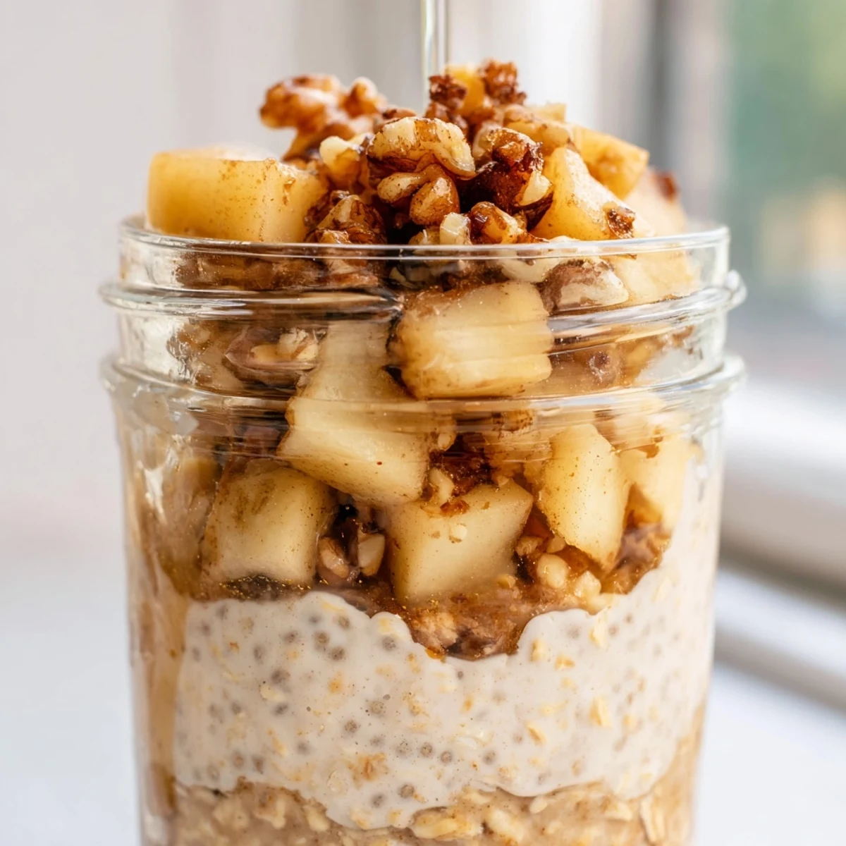 Creamy apple crumble overnight oats layered in a glass jar with cinnamon-spiced apples