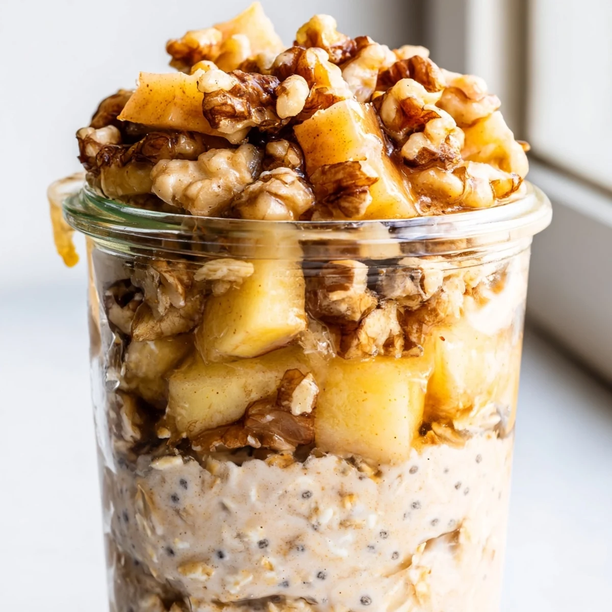 Warm cinnamon apples and crunchy walnut topping over apple crumble overnight oats