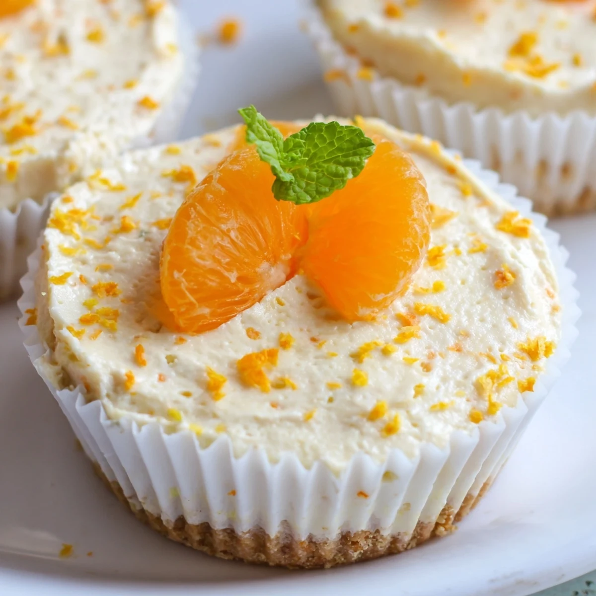 Creamy mini no bake orange cheesecakes topped with fresh citrus segments and mint