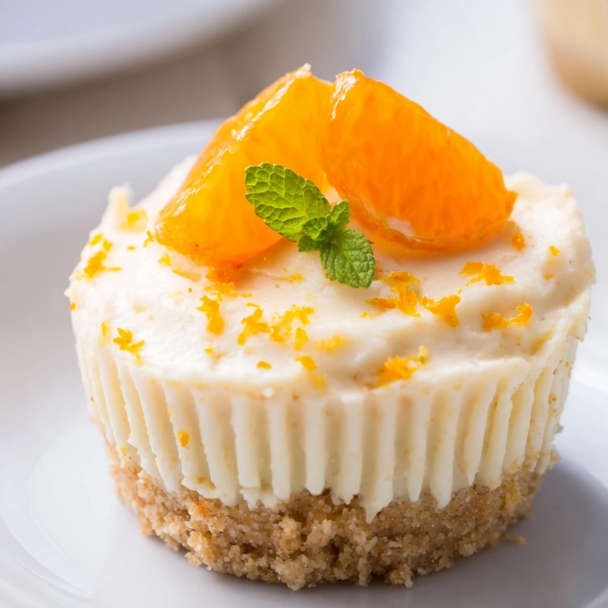 Smooth orange flecked mini no bake orange cheesecakes in paper liners ready to serve