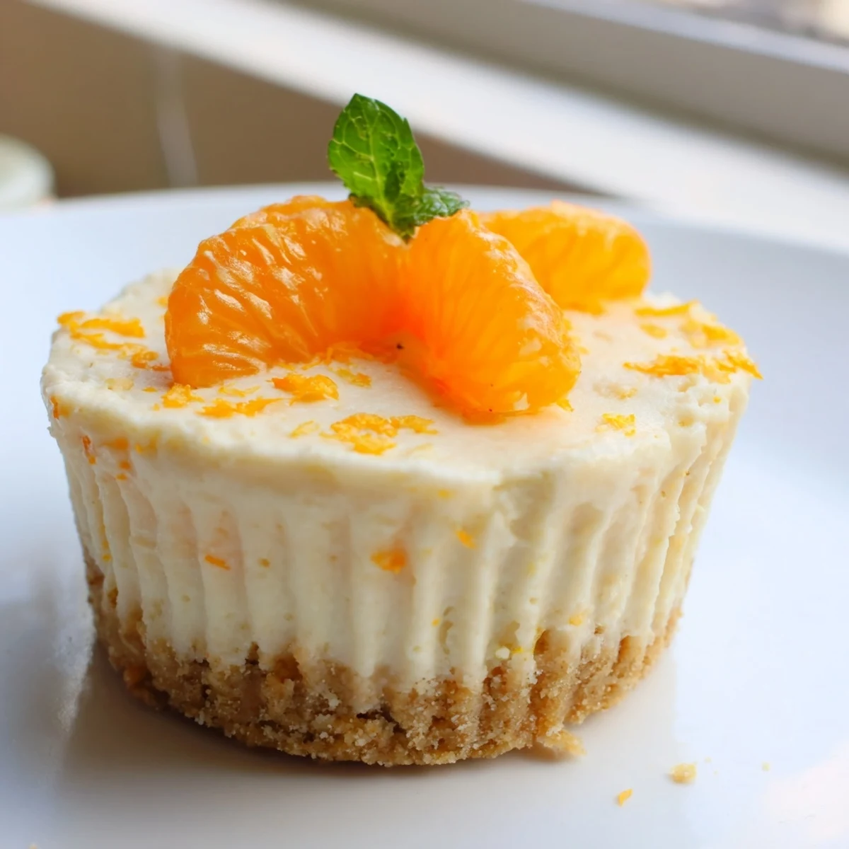 Golden graham cracker crusts filled with zesty mini no bake orange cheesecakes