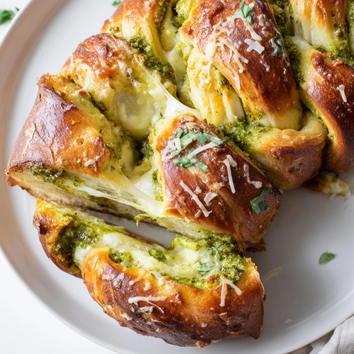 Golden braided pesto bread with melted mozzarella and parmesan fresh from the oven