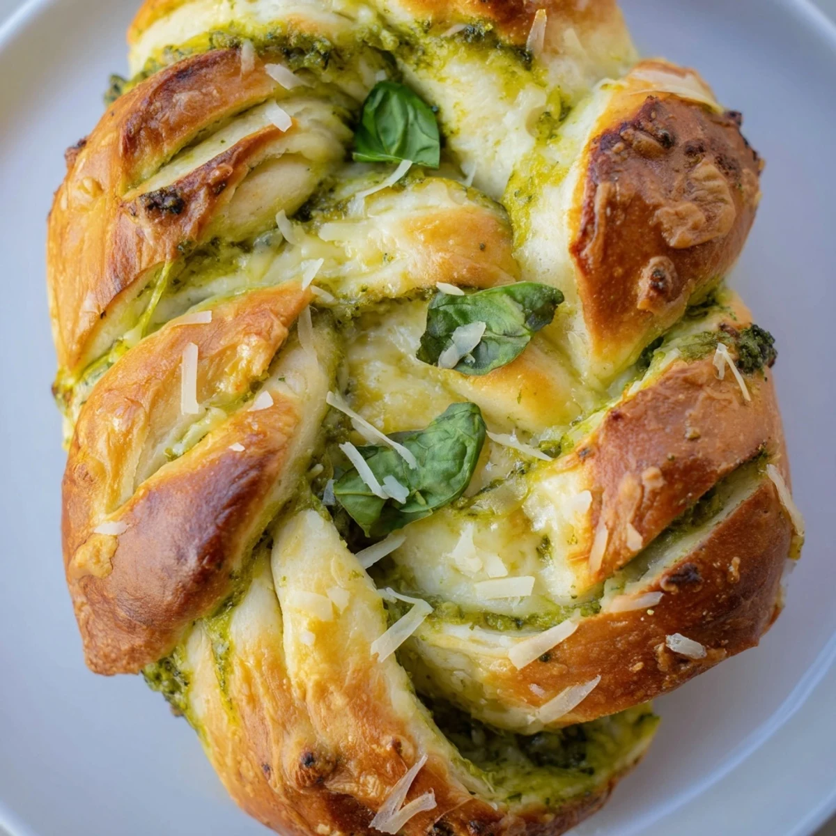 Warm cheesy braided pesto bread sliced open to reveal gooey cheese filling