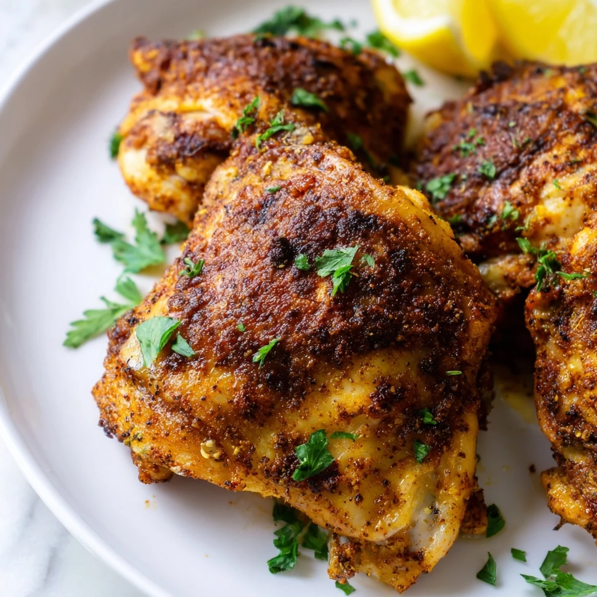 Crispy Old Bay chicken thighs roasted golden with fragrant spice and fresh parsley garnish