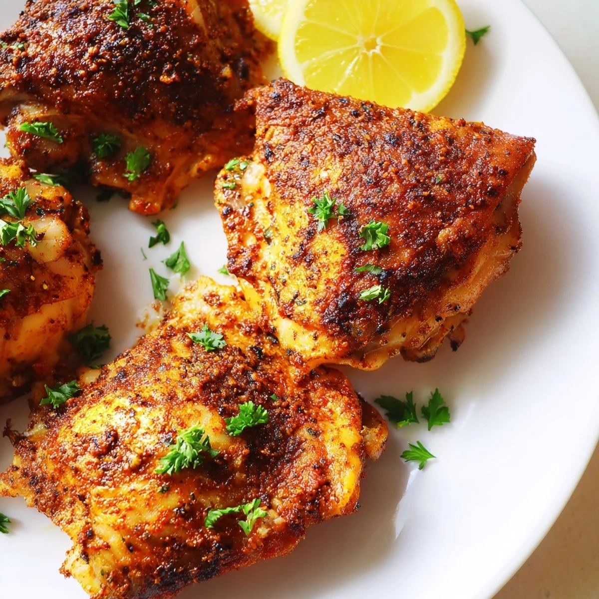 Golden roasted Old Bay chicken thighs served hot with lemon wedges and parsley