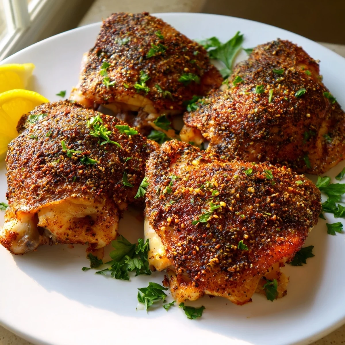 Juicy Old Bay chicken thighs with crispy skin on a parchment-lined baking sheet