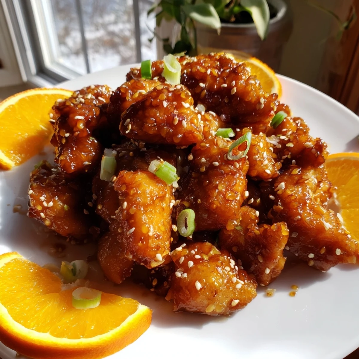Glossy baked orange chicken glazed in sticky sauce with sesame seed garnish
