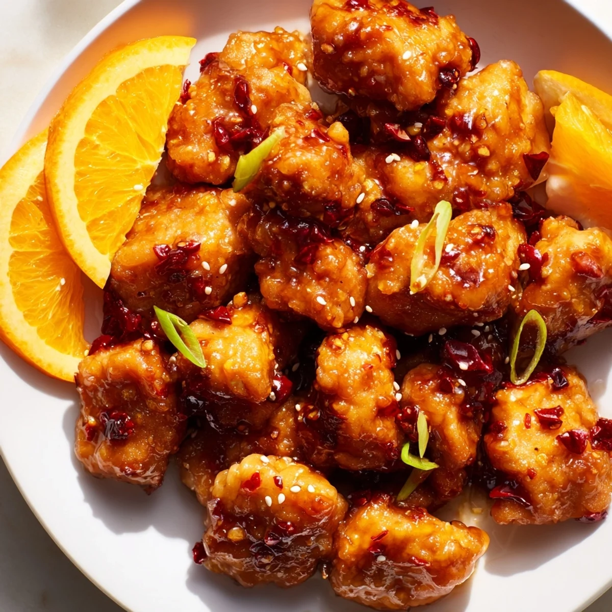 Caramelized baked orange chicken pieces resting on a bed of steamed jasmine rice