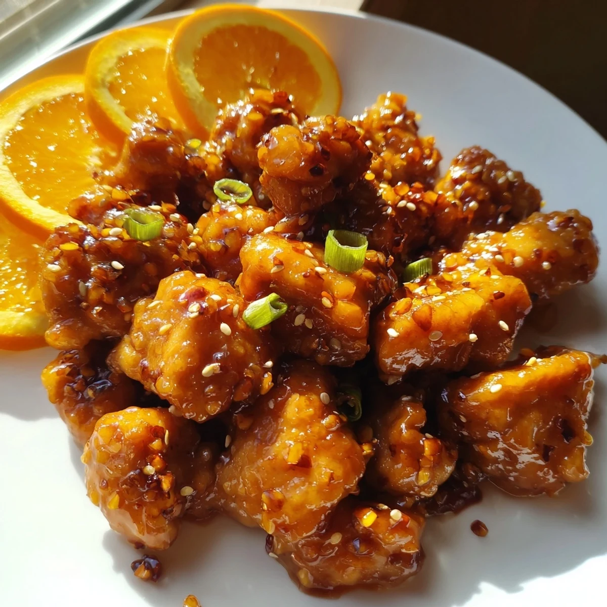 Golden baked orange chicken coated in a vibrant tangy orange sauce close-up