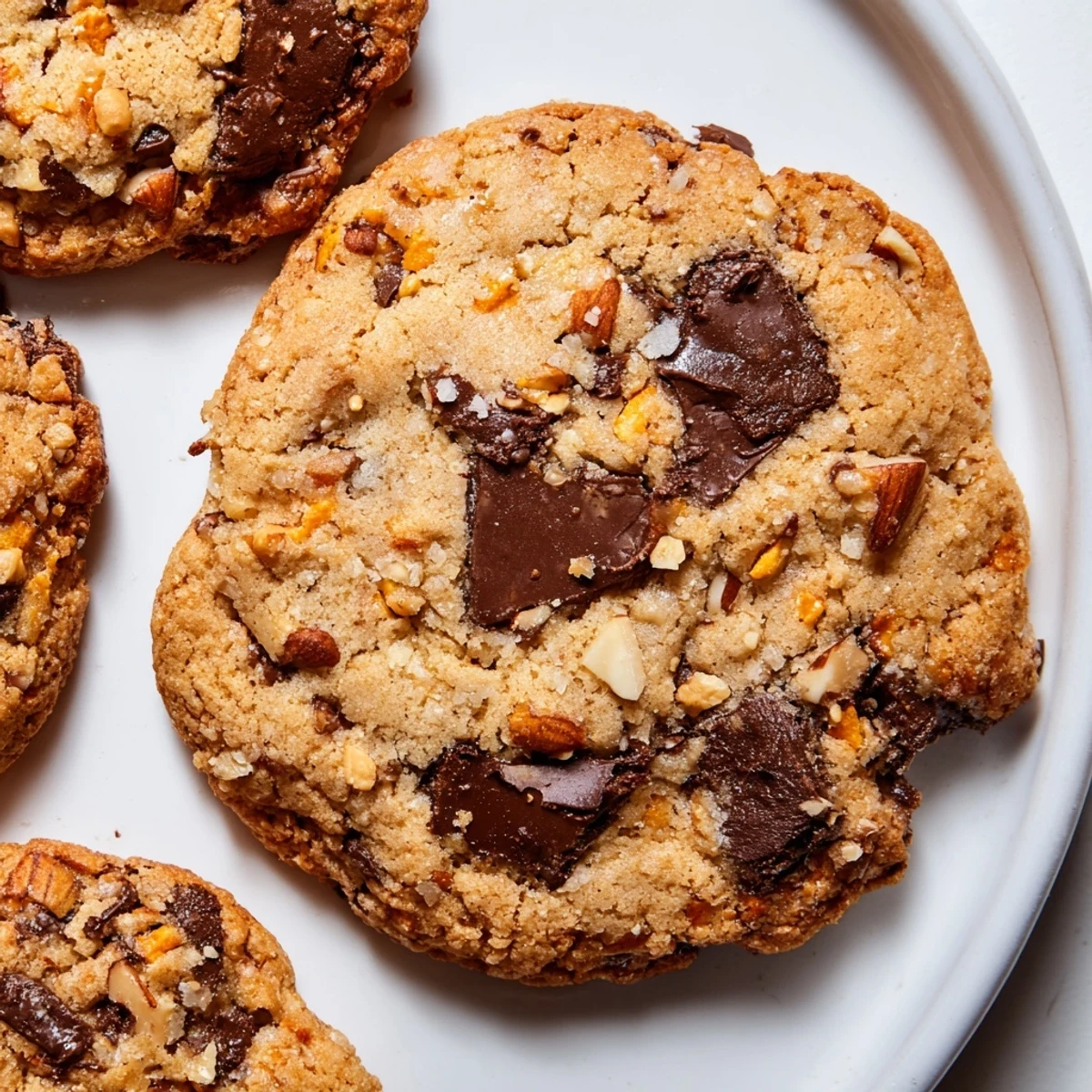 Golden orange almond chocolate chunk cookies fresh from the oven with melty centers