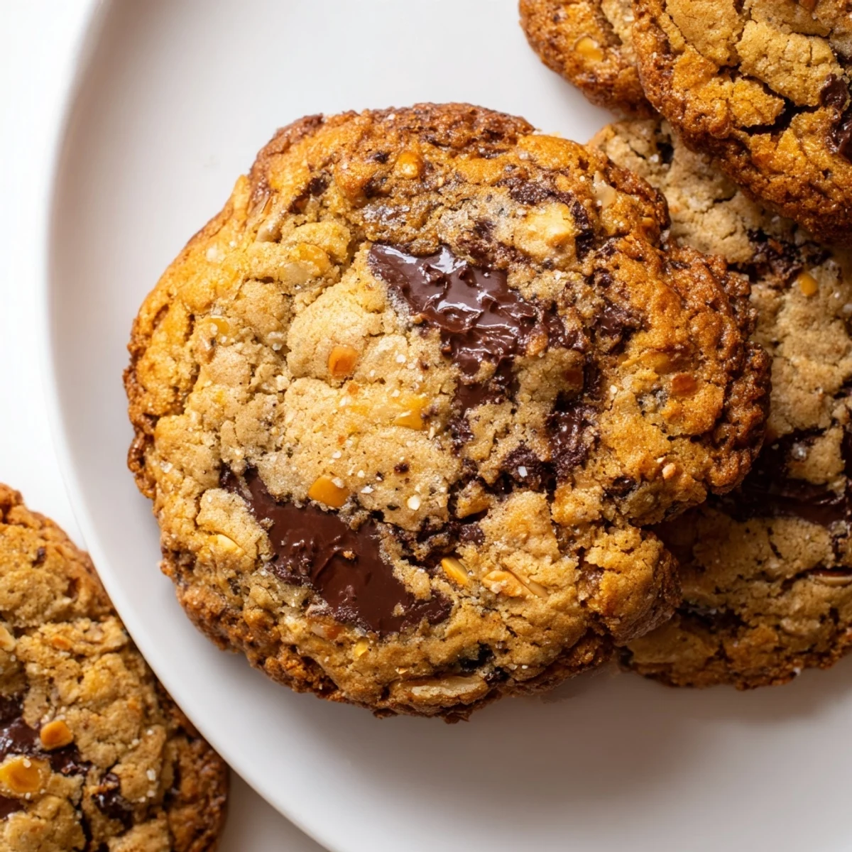 Rustic wire rack displaying chewy orange almond chocolate chunk cookies with toasted almond pieces