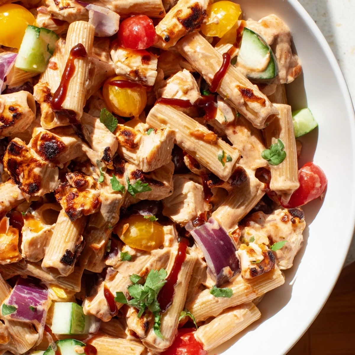 A vibrant BBQ Chicken Pasta Salad loaded with colorful veggies and smoky chicken