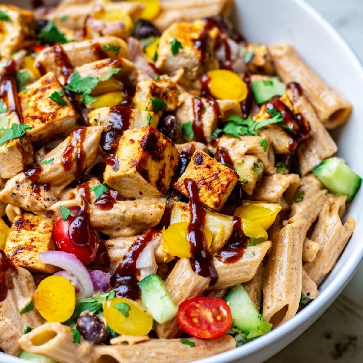 Creamy tangy BBQ Chicken Pasta Salad served in a rustic bowl with fresh cilantro