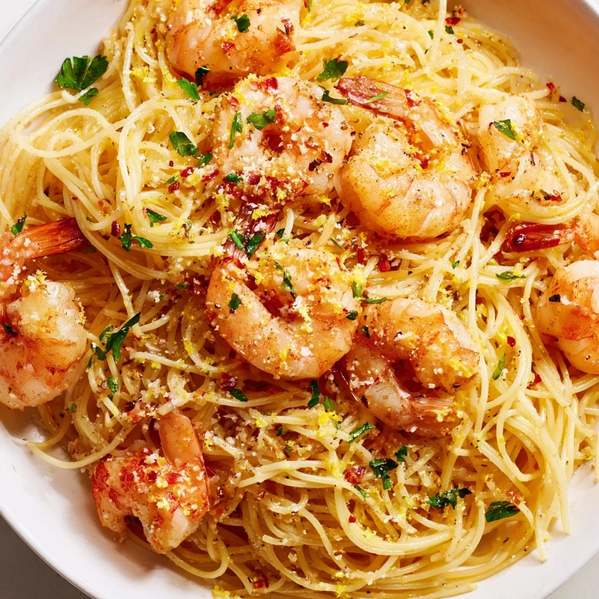 Garlic Butter Shrimp Angel Hair Pasta topped with fresh parsley and Parmesan cheese