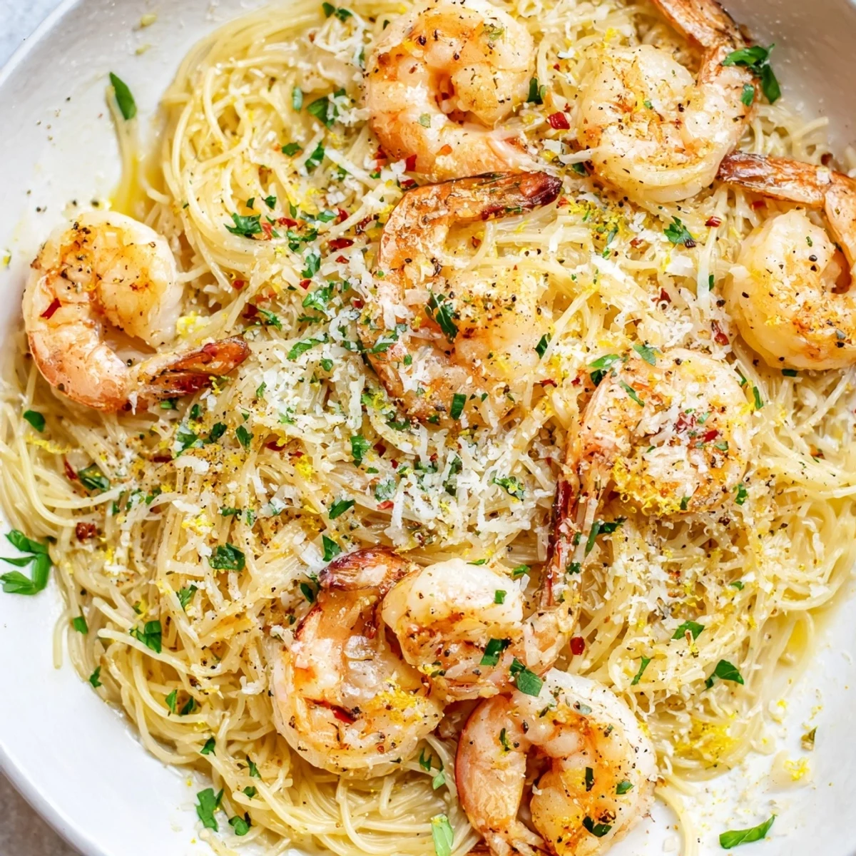 Tender garlic butter shrimp tossed with delicate angel hair pasta in a lemony white wine sauce
