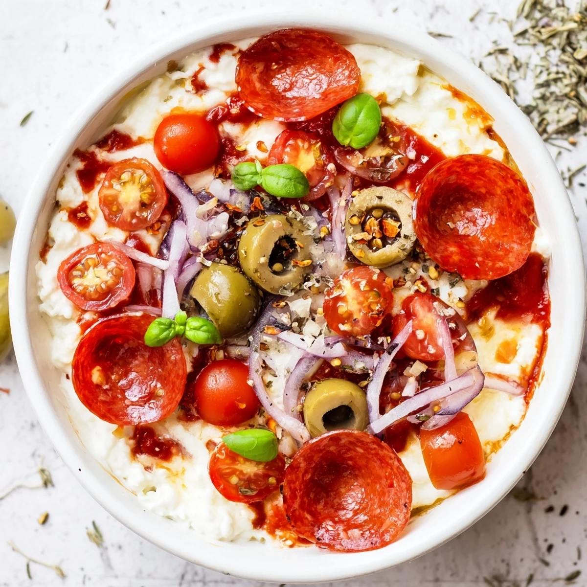 Cottage cheese pizza bowl with bubbling mozzarella, pepperoni, and fresh basil garnish