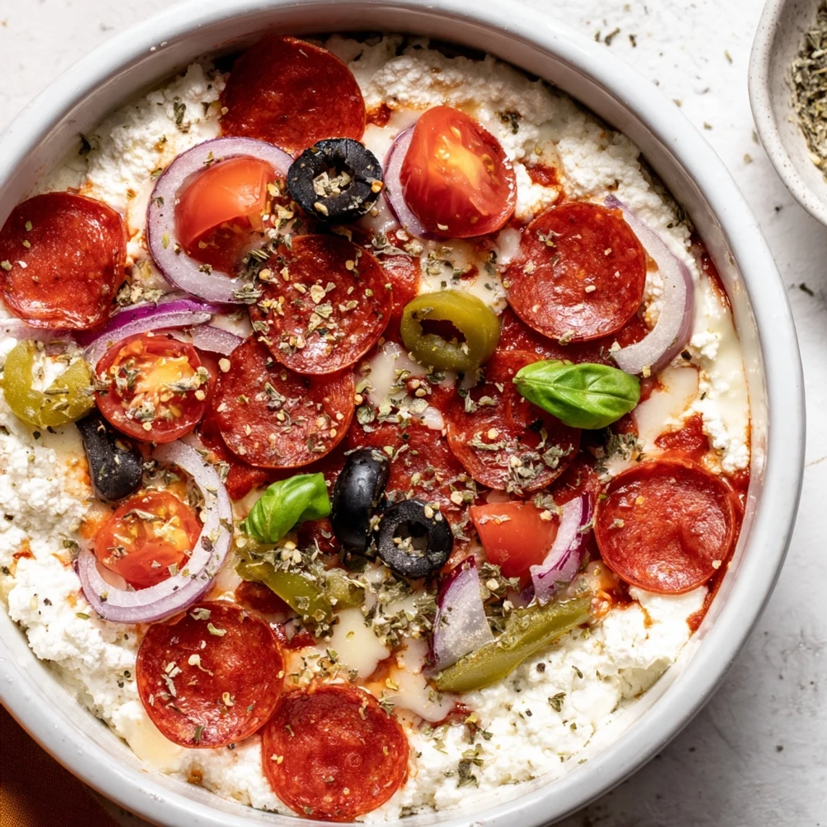 Golden baked cottage cheese pizza bowl topped with marinara, olives, and cherry tomatoes