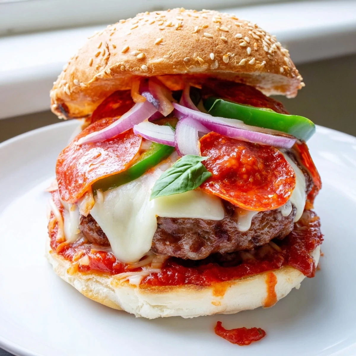 Juicy pizza burgers with melted mozzarella, pepperoni, and bell peppers on toasted buns
