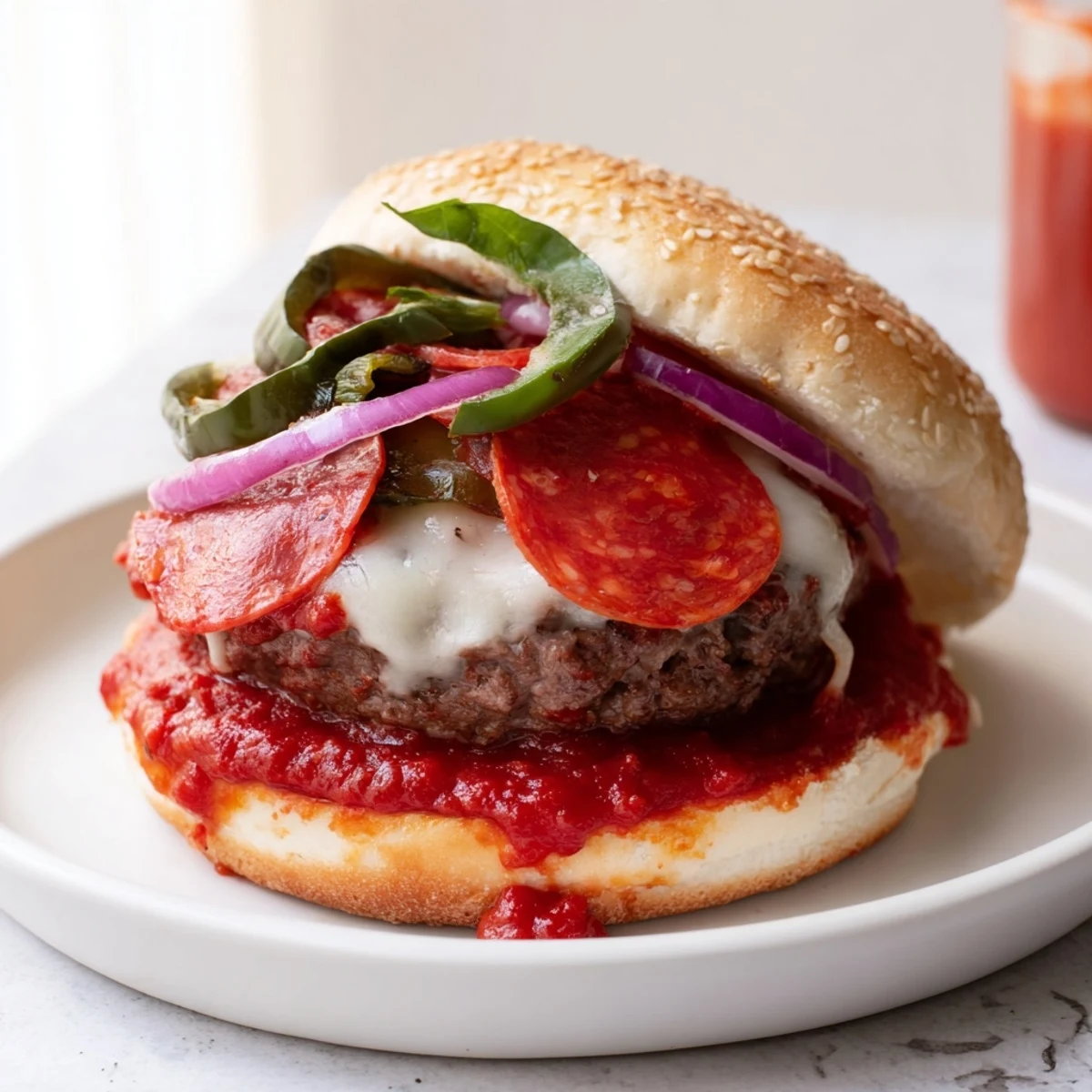 Cheesy pizza burgers topped with rich marinara sauce and fresh basil leaves
