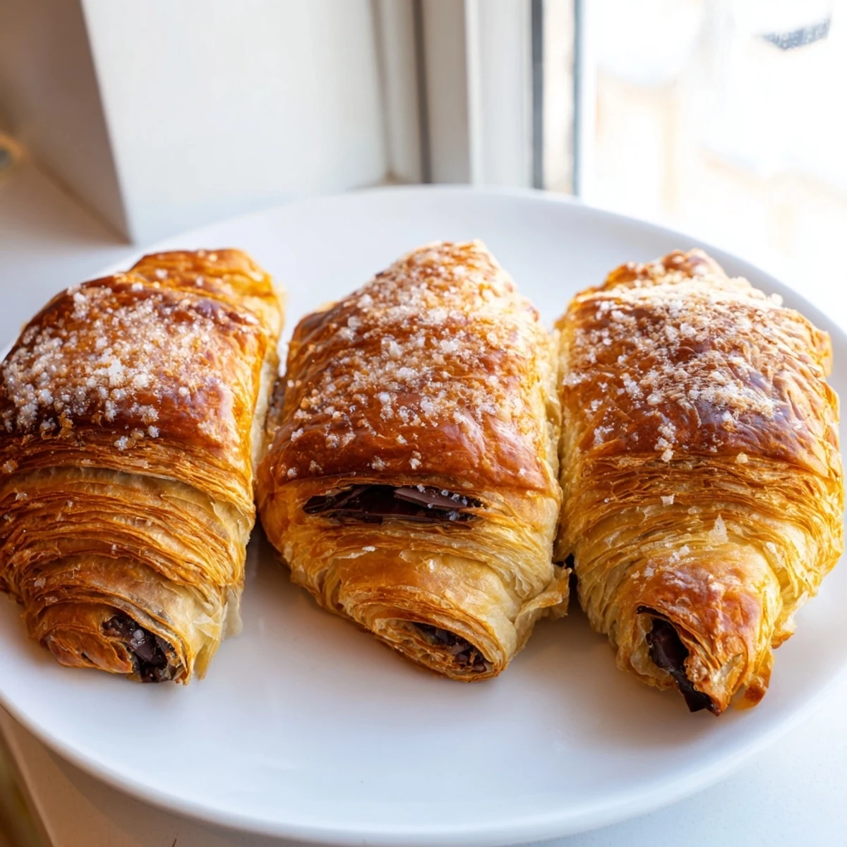 Golden chocolate croissant cookies fresh from the oven with melted chocolate centers