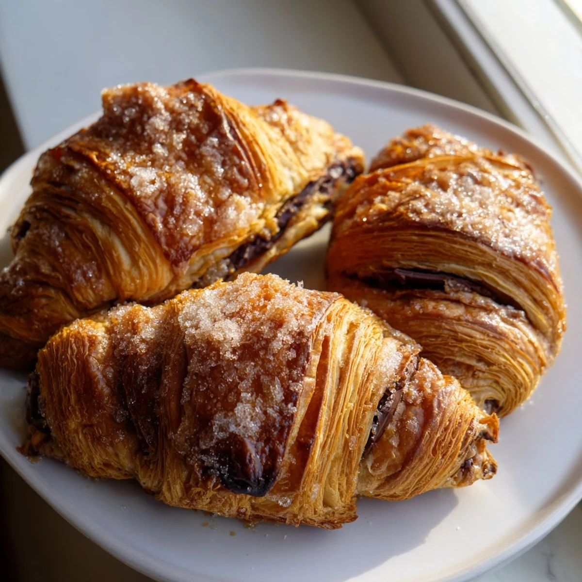 Flaky chocolate croissant cookies arranged on a wire rack, dusted with sparkling sugar