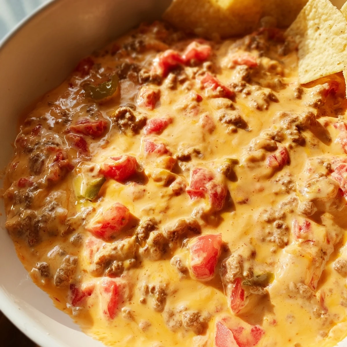 Creamy Crockpot Rotel Dip Recipe topped with diced tomatoes and melted cheese
