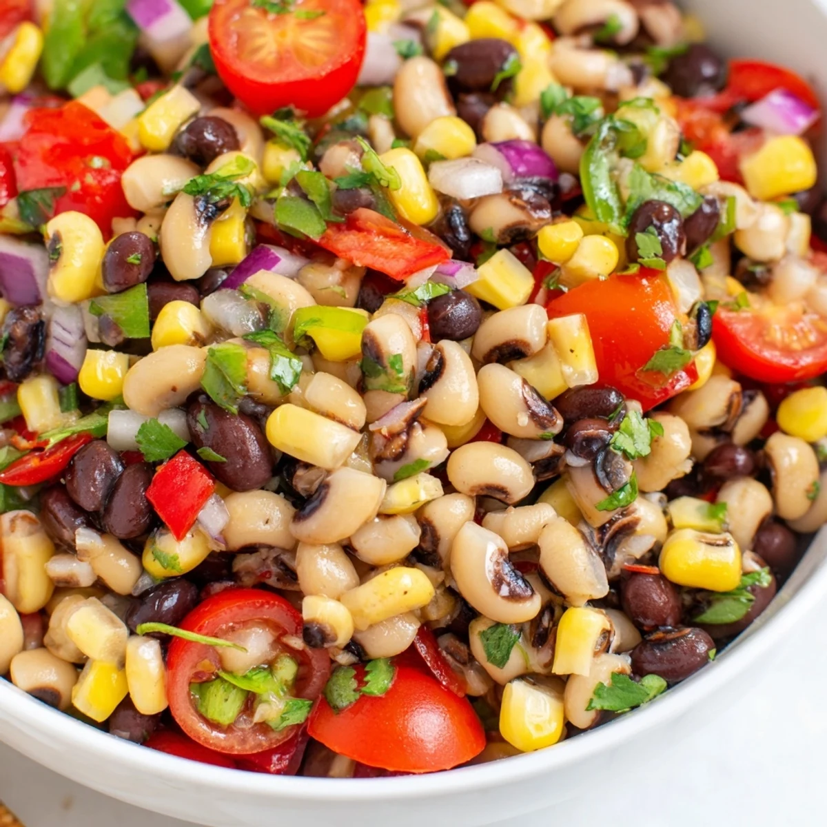 Cowboy Caviar Recipe piled high with black beans corn and diced bell peppers