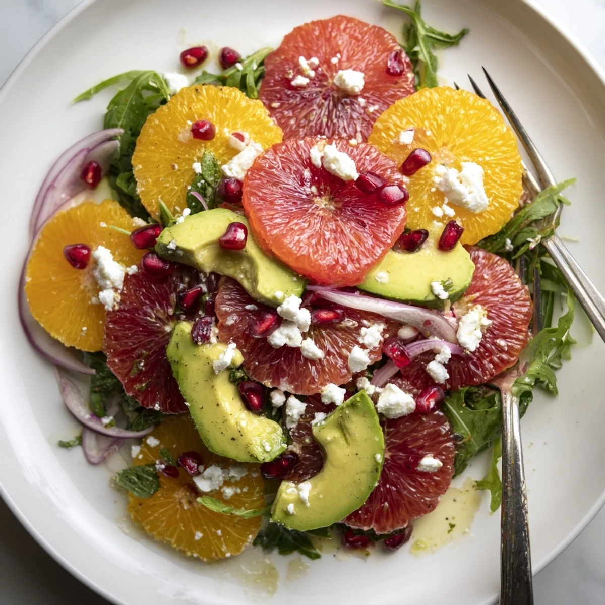 Colorful citrus salad with pomegranate seeds, avocado slices, and crumbled feta on a platter