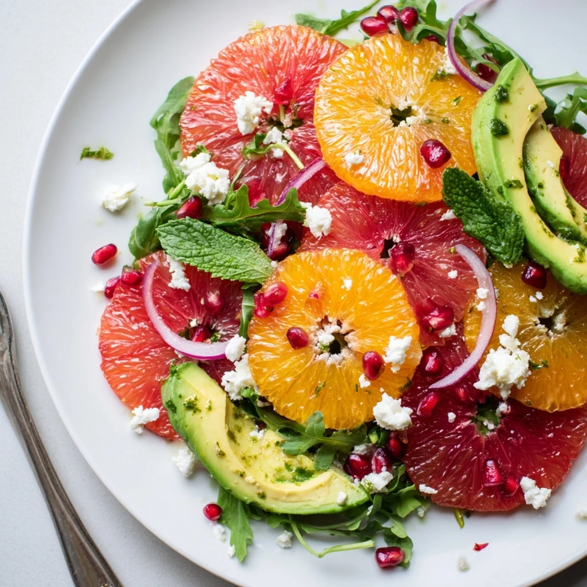 Vibrant citrus salad featuring ruby pomegranate arils, creamy avocado, and tangy feta cheese
