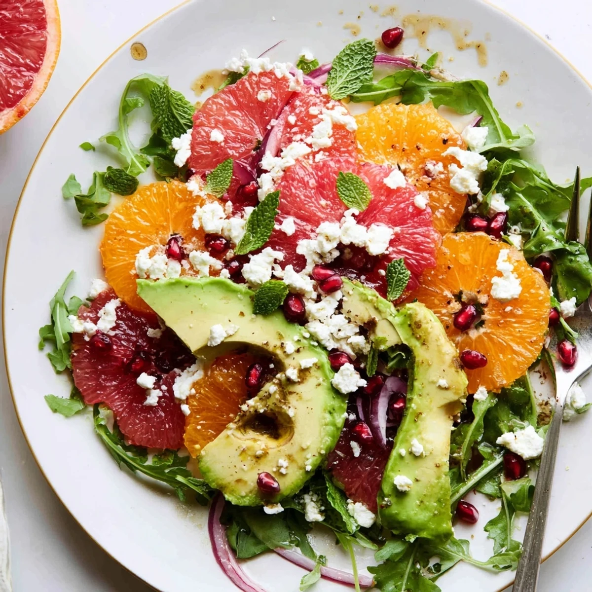 Fresh citrus salad topped with jewel-like pomegranate seeds, ripe avocado, and crumbled feta